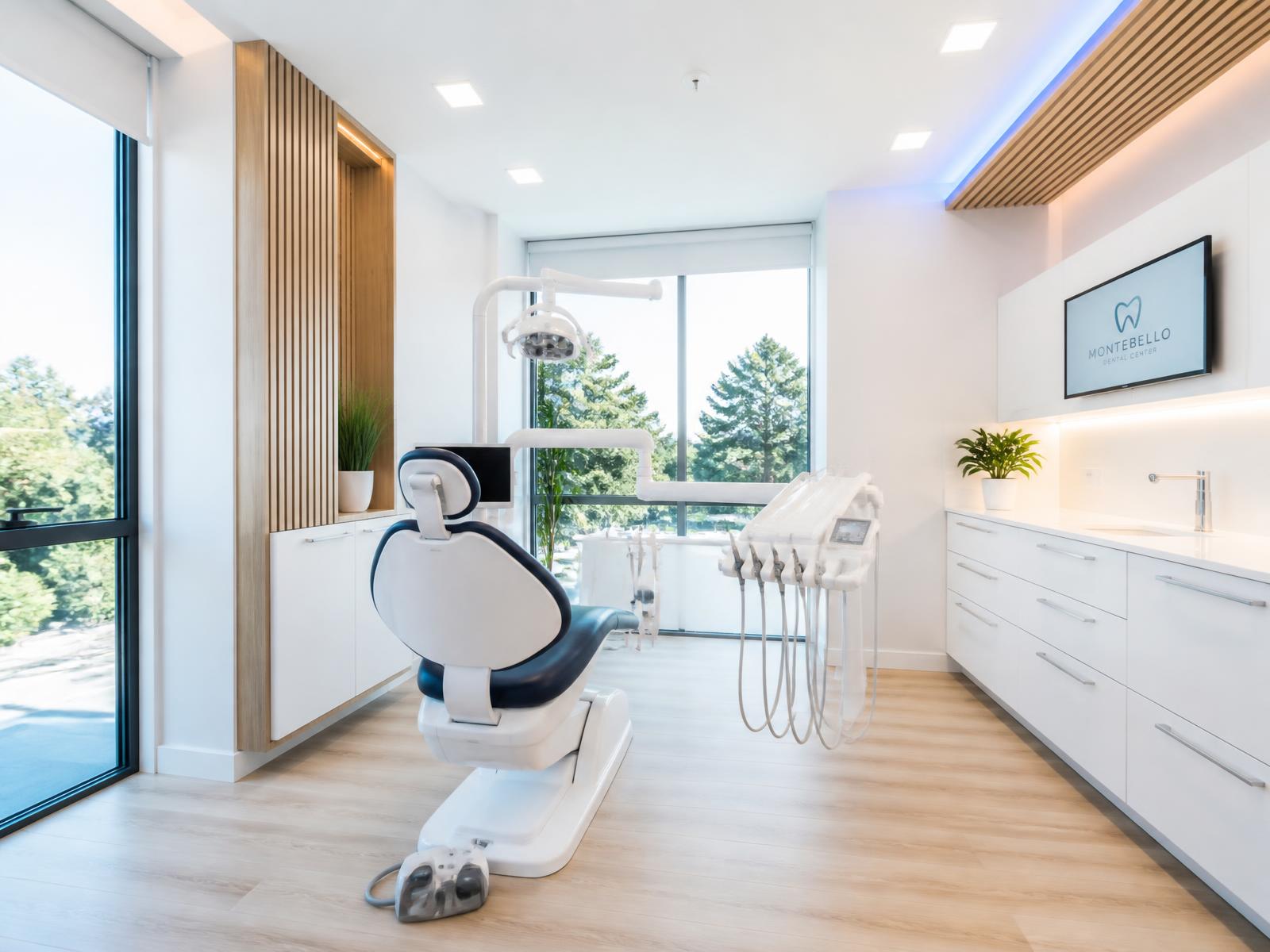 Modern dental clinic interior lit with cinematic blue light
